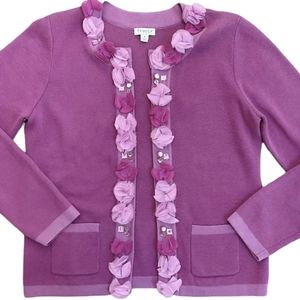 Tribeca Studio Cotton Blend Embellished Cardigan Rosettes Rhinestones Pi…